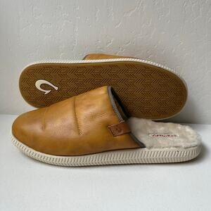 Olukai Mua 'Ili Mule Slippers Men's 12 in Golden Sand/Bone Leather Sherling NEW
